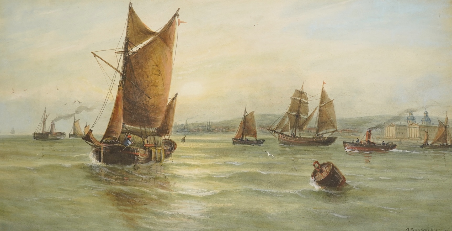 John Francis Branegan (1843-1909), Shipping off Liverpool, signed, watercolour, 24 x 48cm